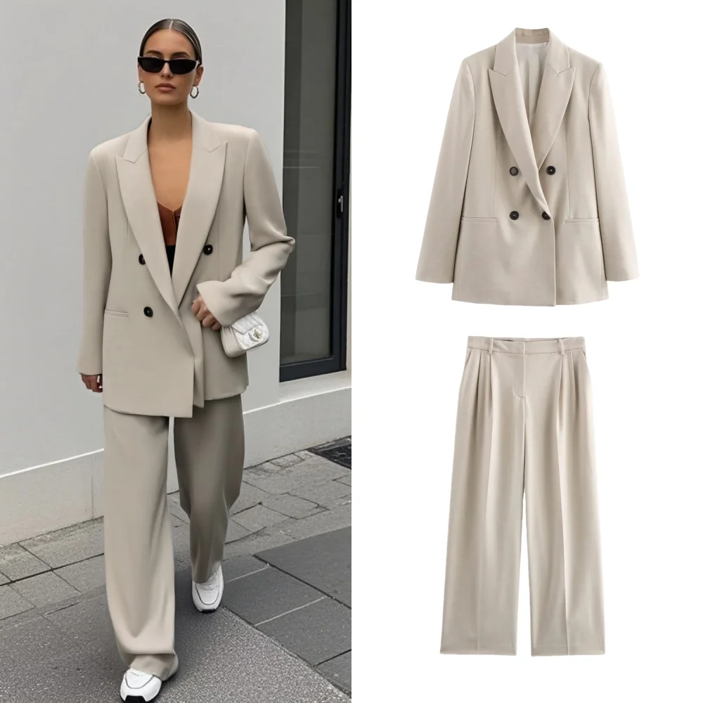 2025 Taop&Za Womens Suit Beige Double - Breasted Blazer with Matching Wide - Leg Trousers for a Polished Look