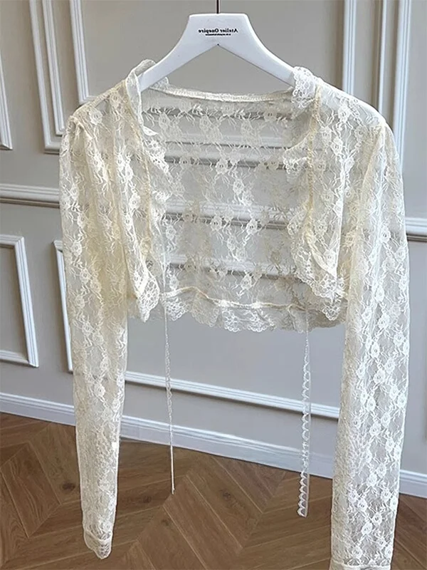 섹시한 레이스 또는 얇은 여성용 아우터웨어 여름 자외선 차단 어깨 노출 에어컨 커버업 탑 한국 스타일...