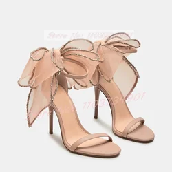 Big Butterfly-Knot Crystals Wedding Sandals Women Elegant Pearl Round Toe High Heels Shoes Lady Ankle Strap Party Trendy Sandals