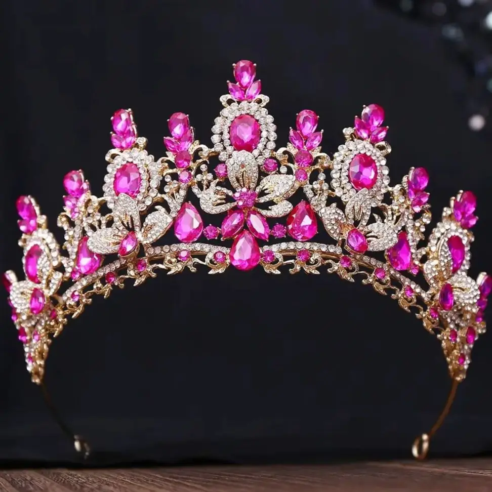 ديزي الباروك الفاخرة ارتفع الأحمر كريستال تيارا تاج للنساء حفل زفاف جديد أنيق الزفاف العروس زهرة تاج إكسسوارات الشعر