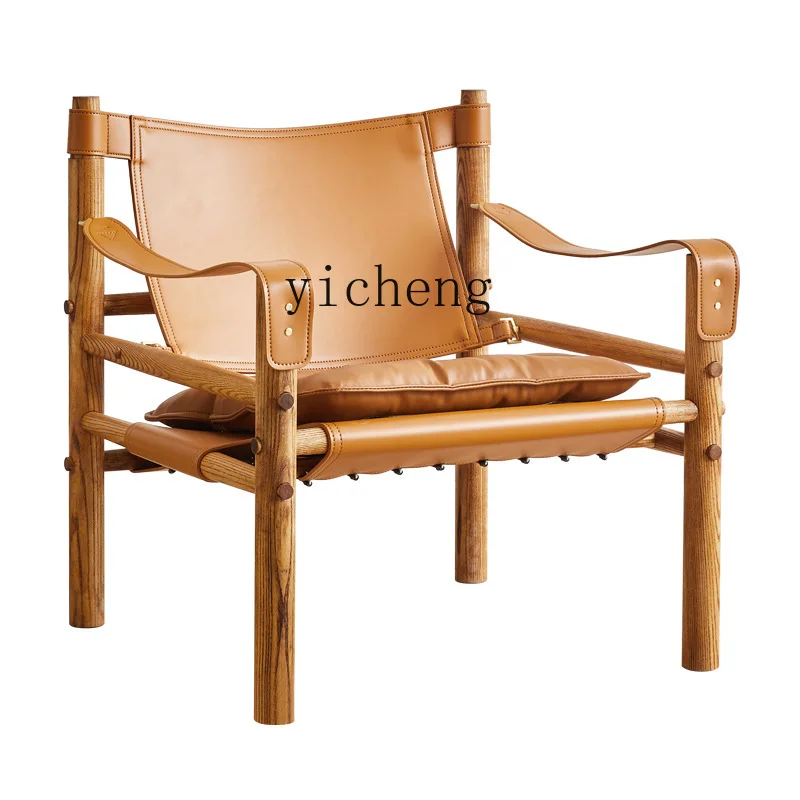 

YY Nordic Single-Seat Sofa Chair Solid Wood Saddle Leather Silent Style Balcony Retro Leisure Chair