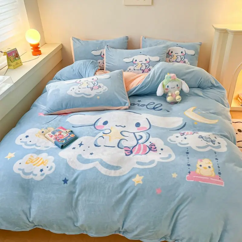 Miniso cinnamoroll kuromi anime kawaii leite veludo 4 peças capa de edredão folha bonito dos desenhos animados ins minha melodia capa quente presentes