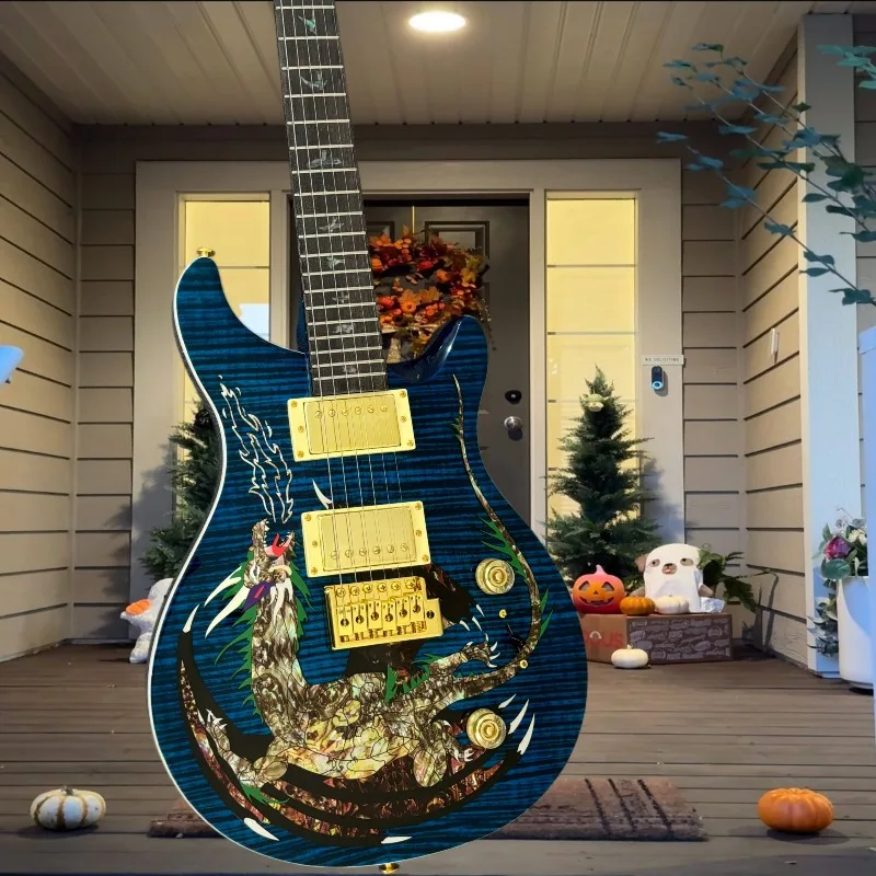 Blue Dragon Graphic PRS Style Electric Guitar Dual Humbucker Tremolo Bridge Gold Hardware Heavy Metal Stage Visual Collector