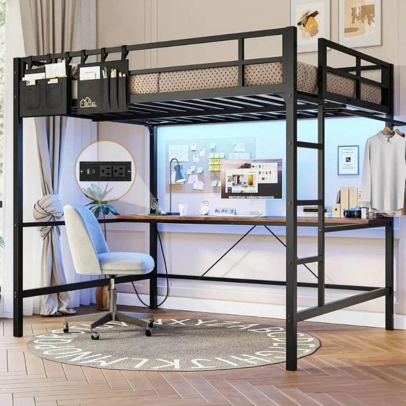 

Full Metal Loft Bed with Desk, LED Lights, and Charging Station - Safe and Durable Full Size Bed Frame