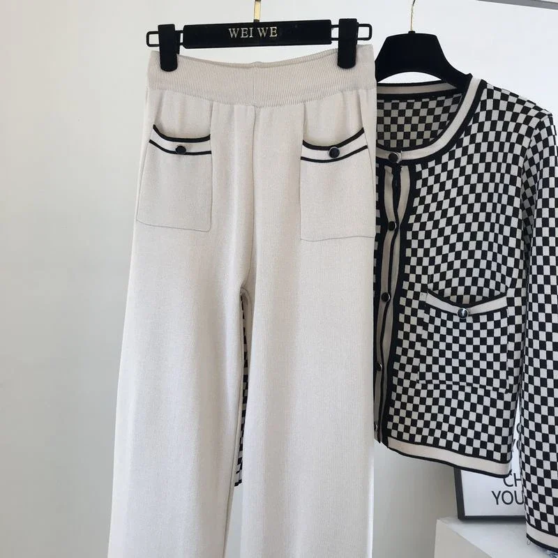 Casual Knitwear Long Sleeve Top Lattice + Wide Leg Pants Women's Office Suit Autumn Urbane Cardigan Women's Tracksuits Sets N712