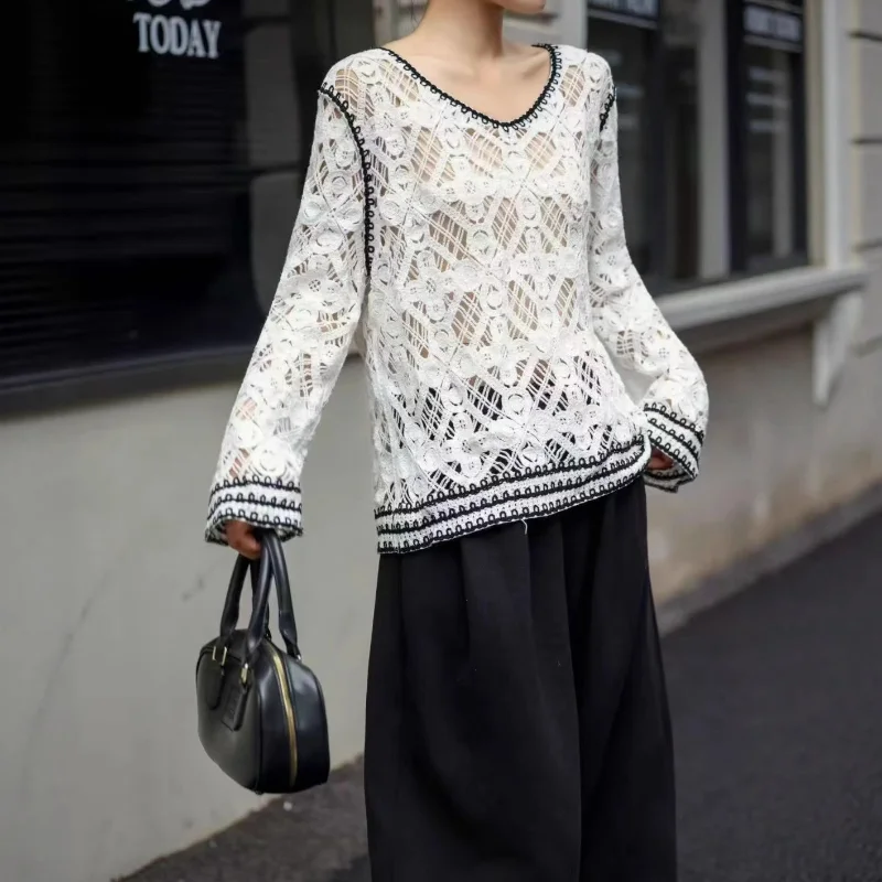 

Женская французская мода, новый стиль, нежный стиль, вязаная крючком вязаная рубашка, осенний толстый скрывающий цвет, контрастный модный топ