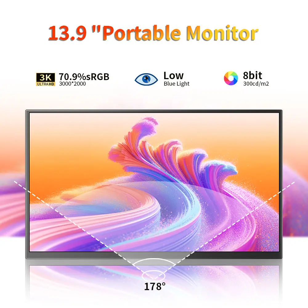DLN 13.9 inch Portable Monitor 3K 2000P 70.8% sRGB 60Hz Laptop Screen Extender Stand Type Monitor For Wins & Mac, Gaming