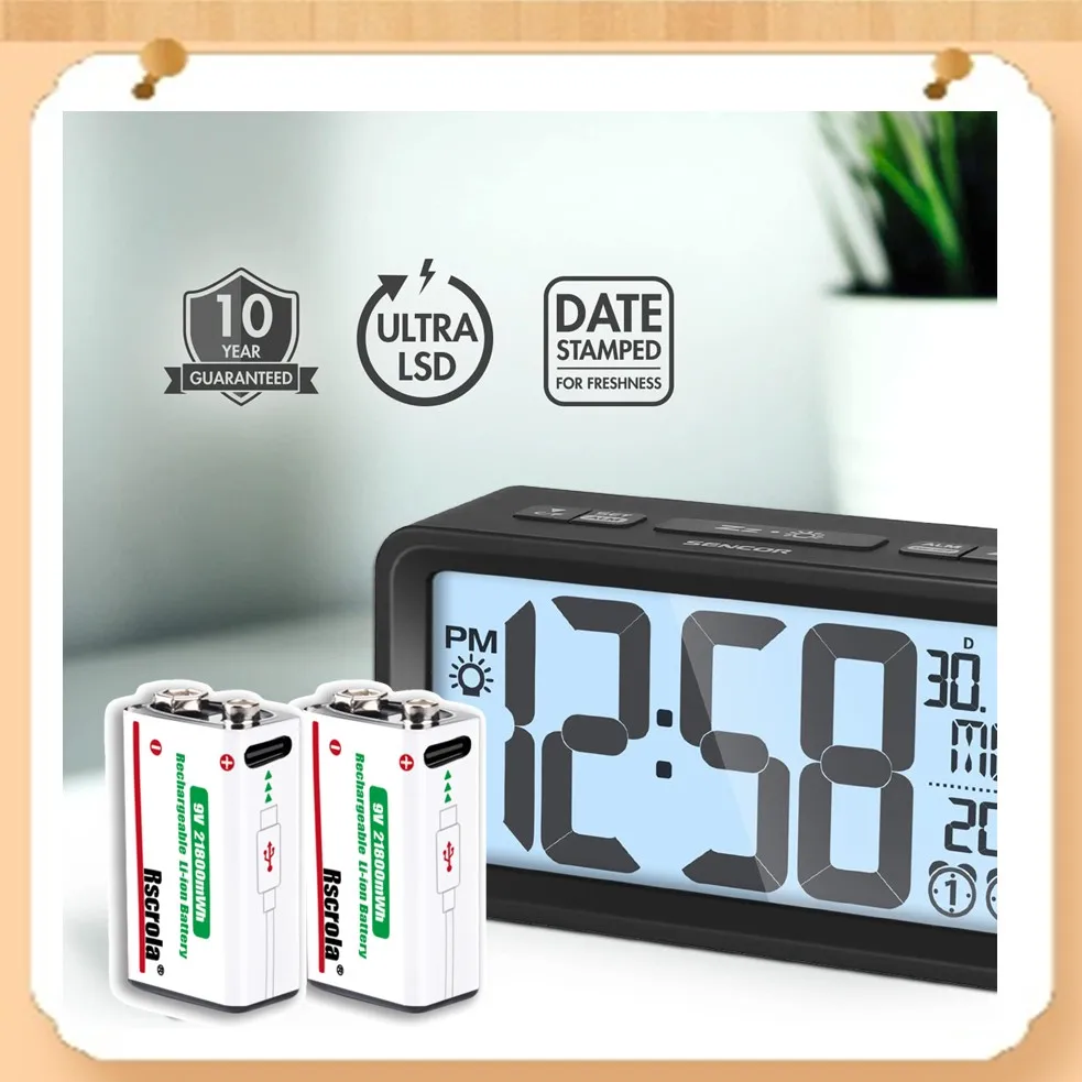 بطارية 9 فولت قابلة لإعادة الشحن، 21800 ميجاوات في الساعة، سعة كبيرة، بطاريات ليثيوم أيون 9 فولت مع كابل من النوع C، لكاشف الدخان، إنذار الحريق