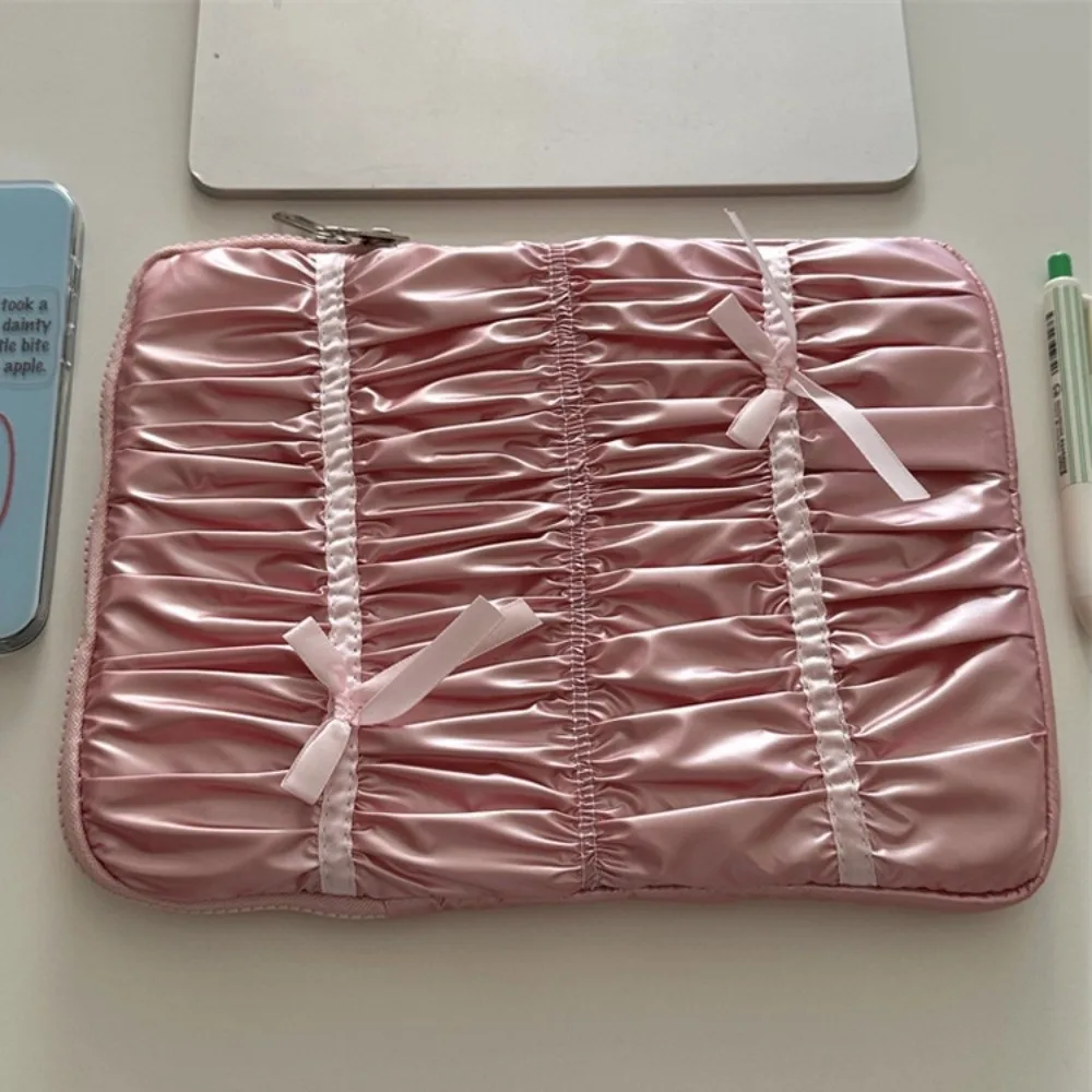 

Simple Pleated Portable Laptop Bags Bow Waterproof Laptop Case Dual Zipper Soft Material Notebook Sleeve Office Use
