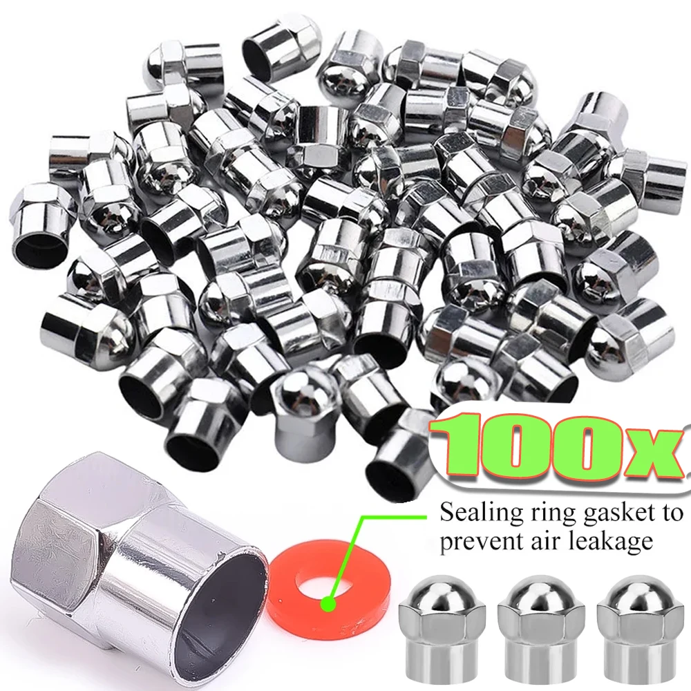 100pcs Tire Accessories Car Tyre Air Pressure Cap Car Wheel Tire Valve Stem Cap Chrome Plated Airtight Cover Plastic Round Head