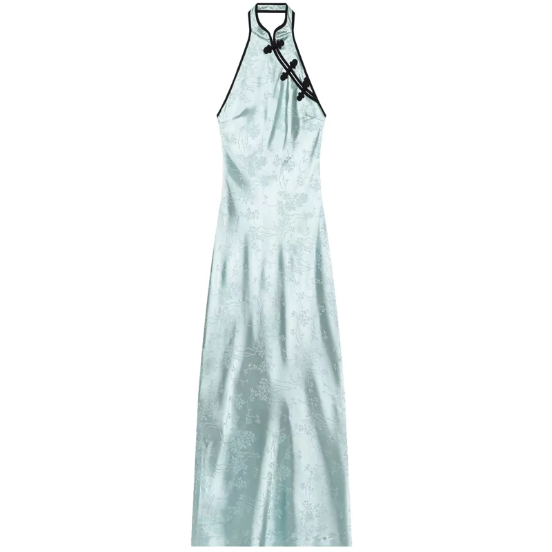 HXAO Qipao Satin Halter Dress Women's Summer Dress Jacquard Sleeveless Backless Maxi Frog Buttons Vestidos Elegant Party Dresses