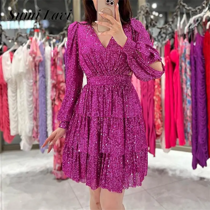 Sexy V Neck Long Sleeve Hollow Out Mini Dress Sparkling Sequins Autumn Ladies Dress Fashion Ladies High Waist Pleated Cake Dress