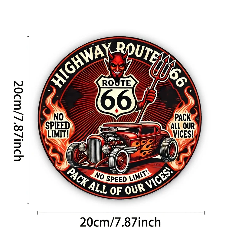 2D Metal Sign Highway Route 66 Devil Hot Rod Flame No Speed Limit Vintage Retro Tin Wall Art for Home Garage Bar Decor Gift