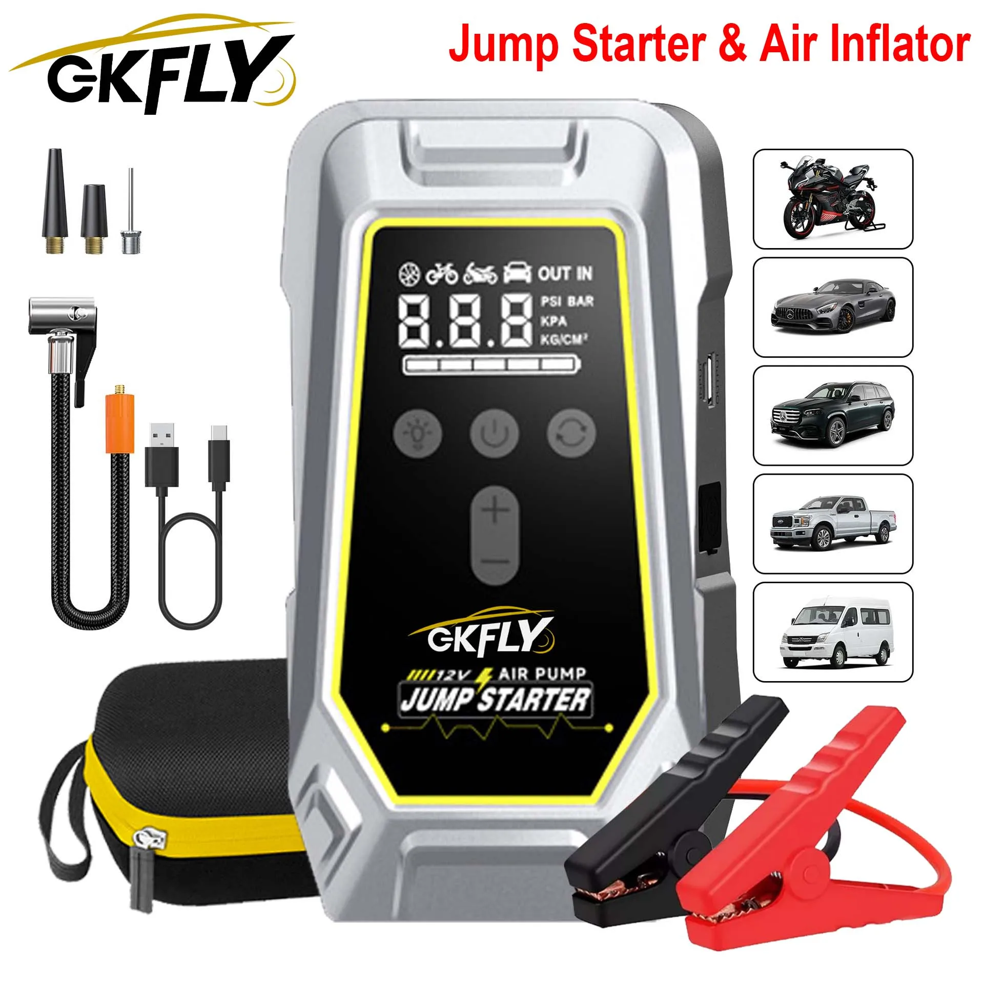 GKFLY 4000A/7000A Rozruchowywacz Samochodowy z Kompresorem Powietrza 150PSI 4 W 1, 12V, Przenośny Booster Akumulatora Samochodowego, Power Bank, Pompka do Opon