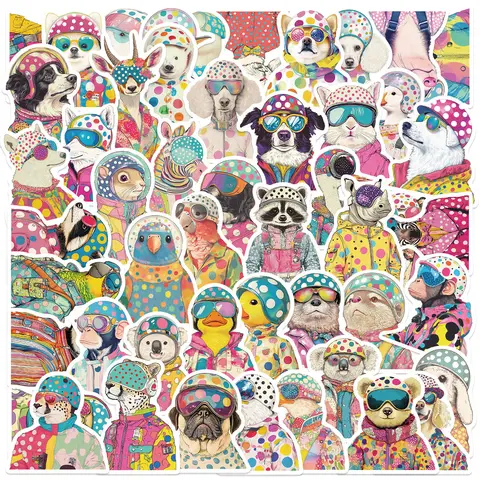 50Pcs Colorful Psychedelic Animal Stickers Pop Art Animal Stickers Scrapbooking Phone Luggage Skateboard Waterproof Decals