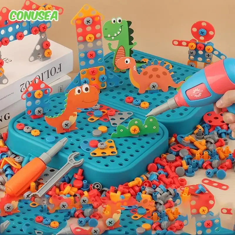 Crianças brinquedos conjunto de ferramentas broca elétrica parafuso porca 3d puzzle brinquedos fingir jogar dinossauro perfuração montagem brinquedos educativos para meninos
