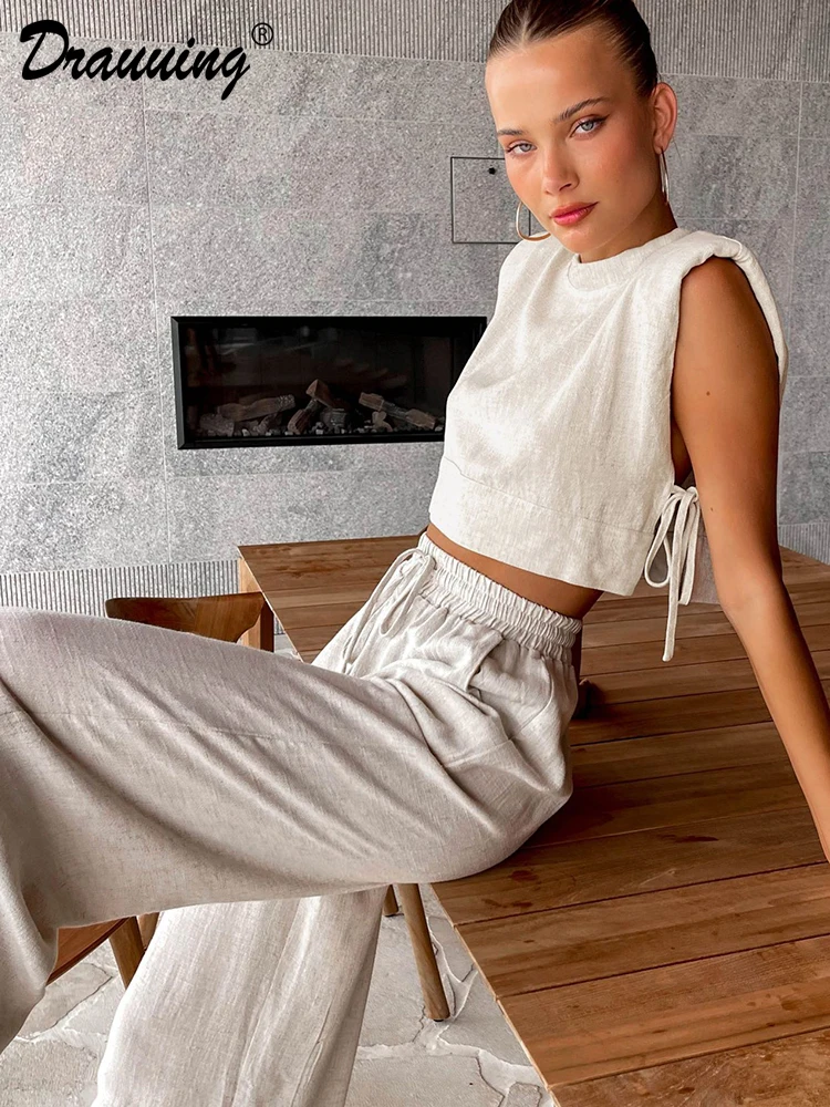 Drauuing Solid 2 Pieces Sets Women Sleeveless Top With Wide leg Pant Loose Casual Fashion Pants Sets Women Summer Sets