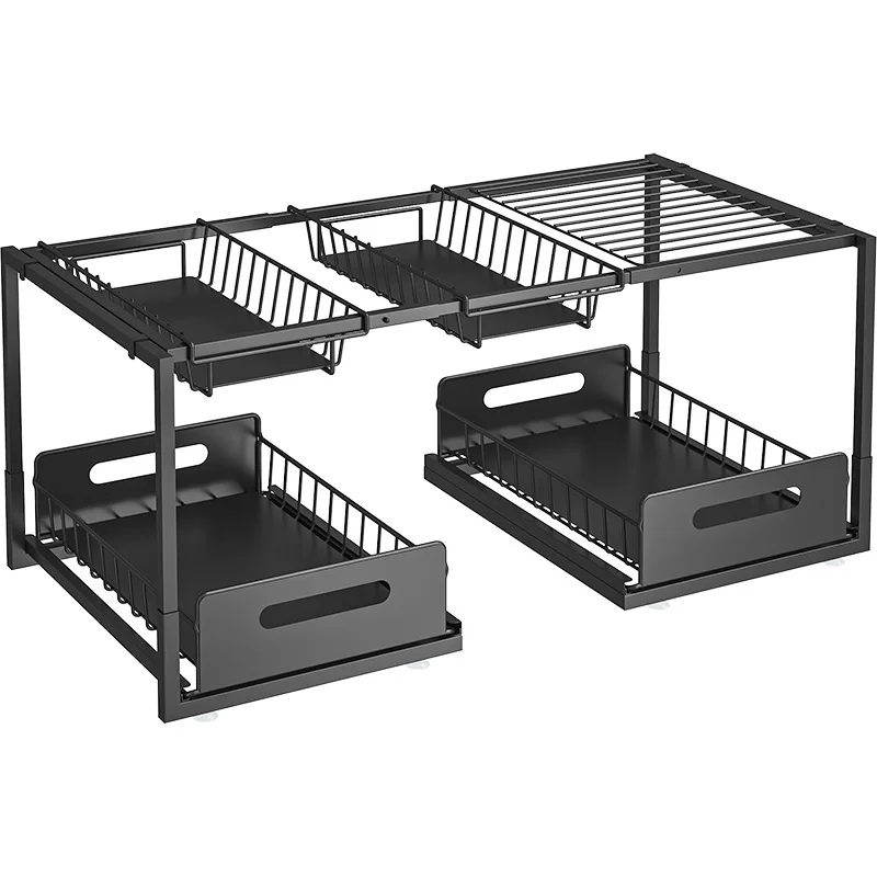 Retractable kitchen sink rack pull-out cabinet layered baffle multifunctional kitchen pot storage