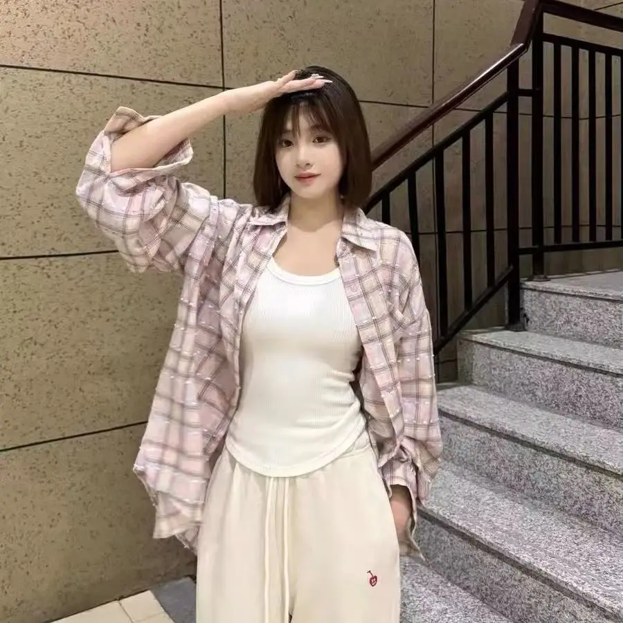 

Sweet Pink Plaid Women's Shirt Casual Long Sleeve Spring Summer Sun Protection Home Made Polo Collar Button up Outwear Popular