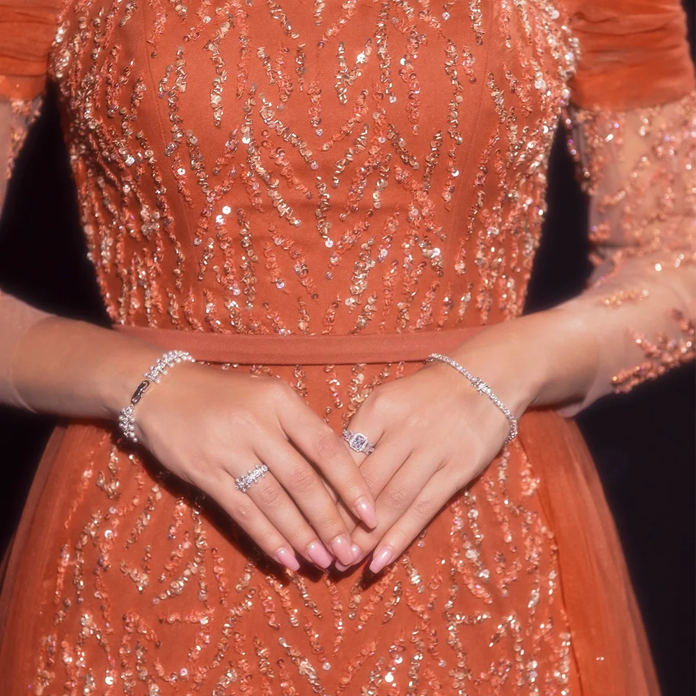 Square Neck 3/4 Sleeves Sequined Beading Tulle Straight Floor Length Zipper Back Solid Color Evening Dress For Formal Occasions