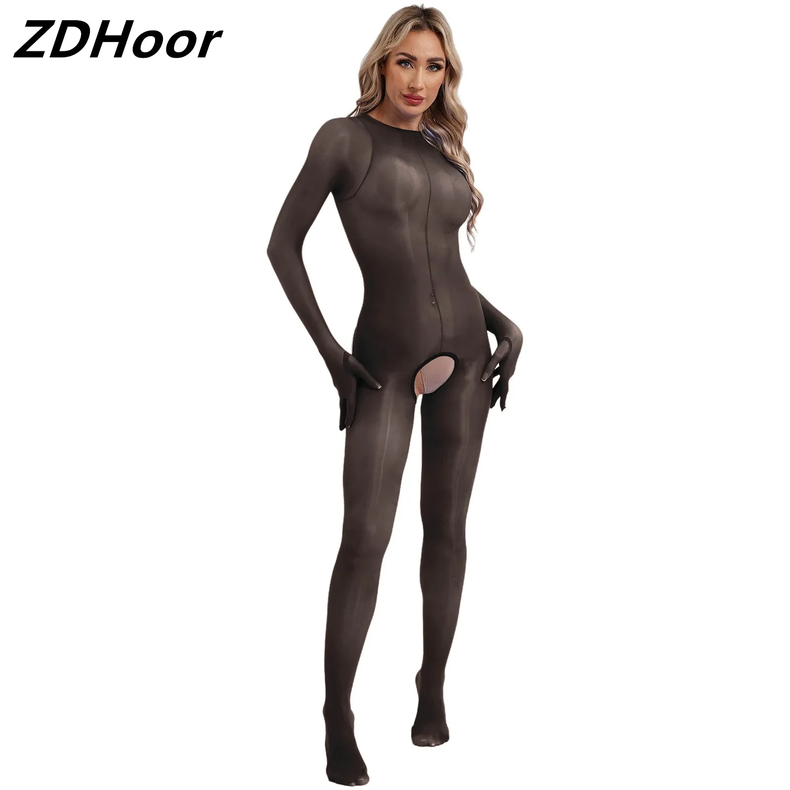 

Womens Sexy Sheer Bodysuit Gloved Long Sleeve Open Crotch Butt Showing Full-body Unitard Glossy Jumpsuit Nightwear Clubwear