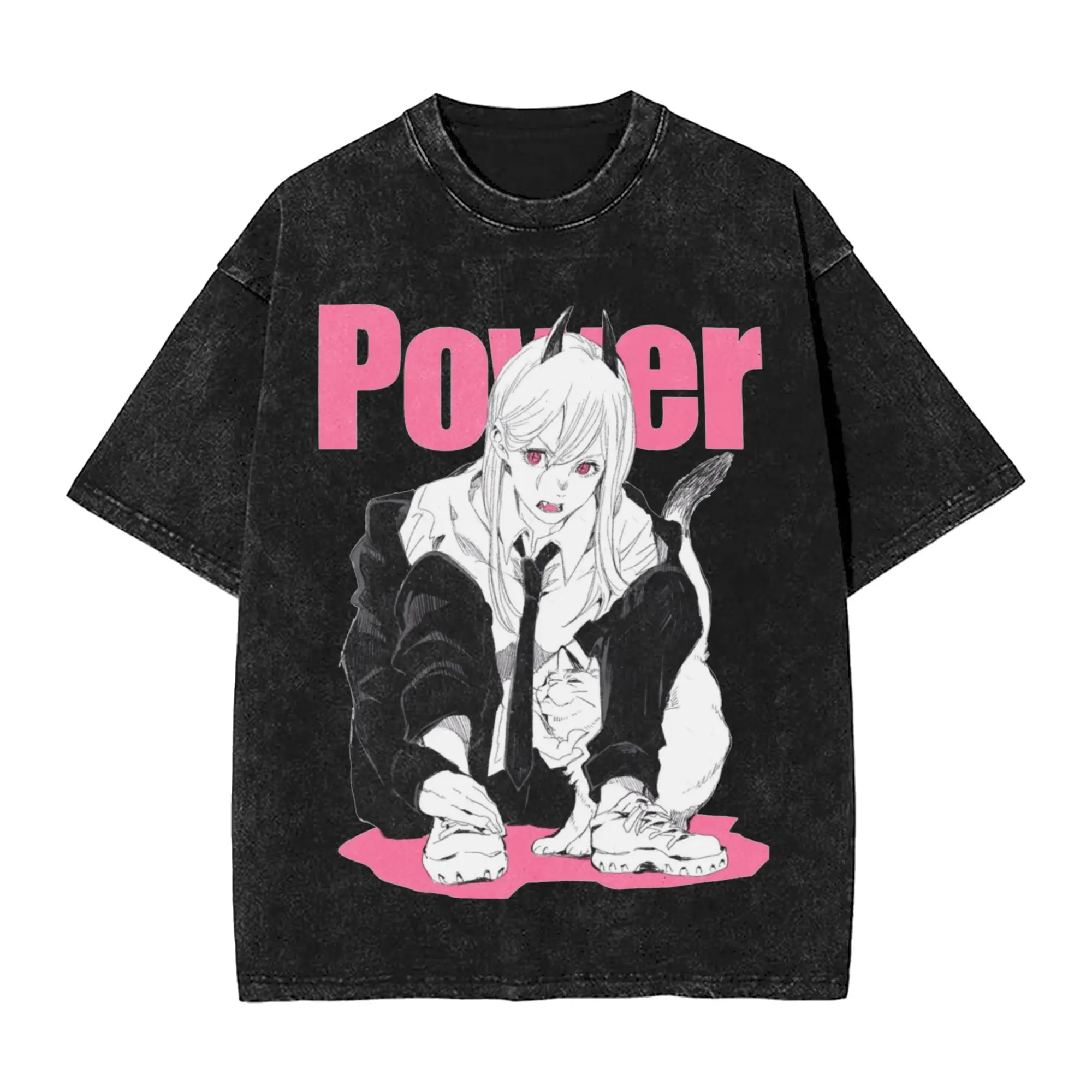Retro Power Chainsaws Man Denji Makima Vintage Washed T Shirt Men 100%Cotton Short Sleeve  Crewneck Summer Top Tee