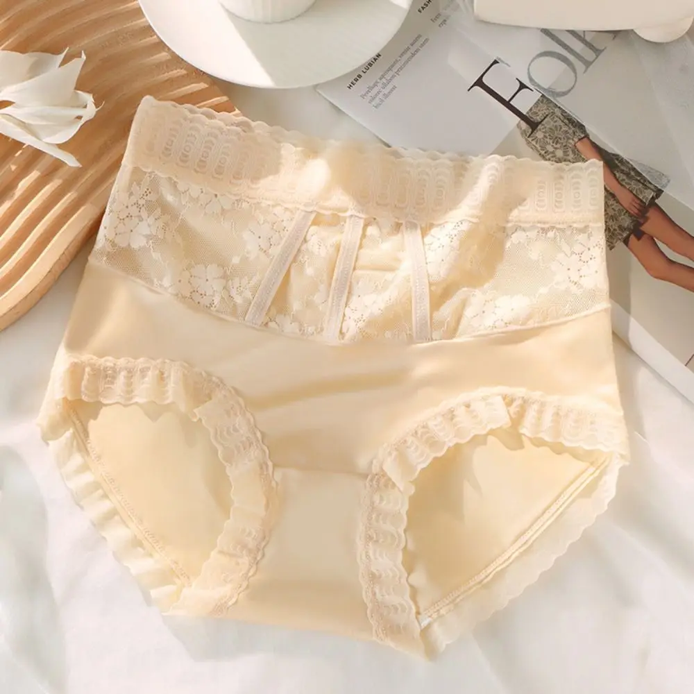 Solid Color Ice Silk Panties Middle Waist Lace Briefs Breathable Cotton Crotch Ultra Thin Underwear for Women Lingerie