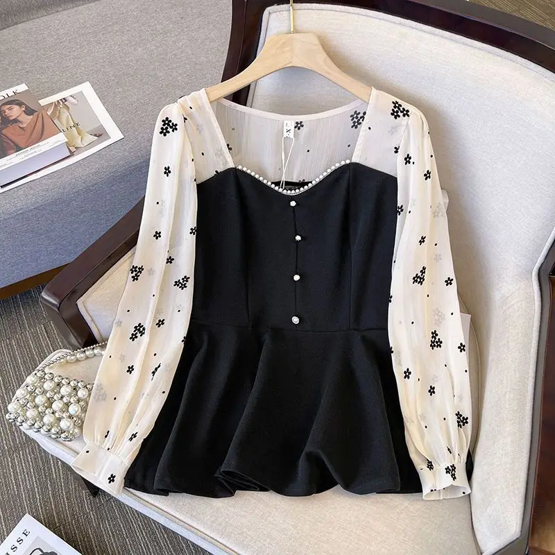 

Женская блузка больших размеров для ранней осени, с V-образным вырезом, длинным рукавом, из шифона, скрывающая живот, с эффектом двухслойности, в стиле пэчворк, премиум-класса