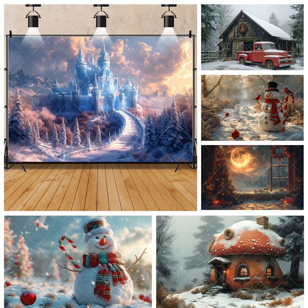 

Christmas Winter Ice Snow Castle Snowman Mushroom House Kid Baby Family Party Backdrop Custom Photo Poster Decor Prop Background