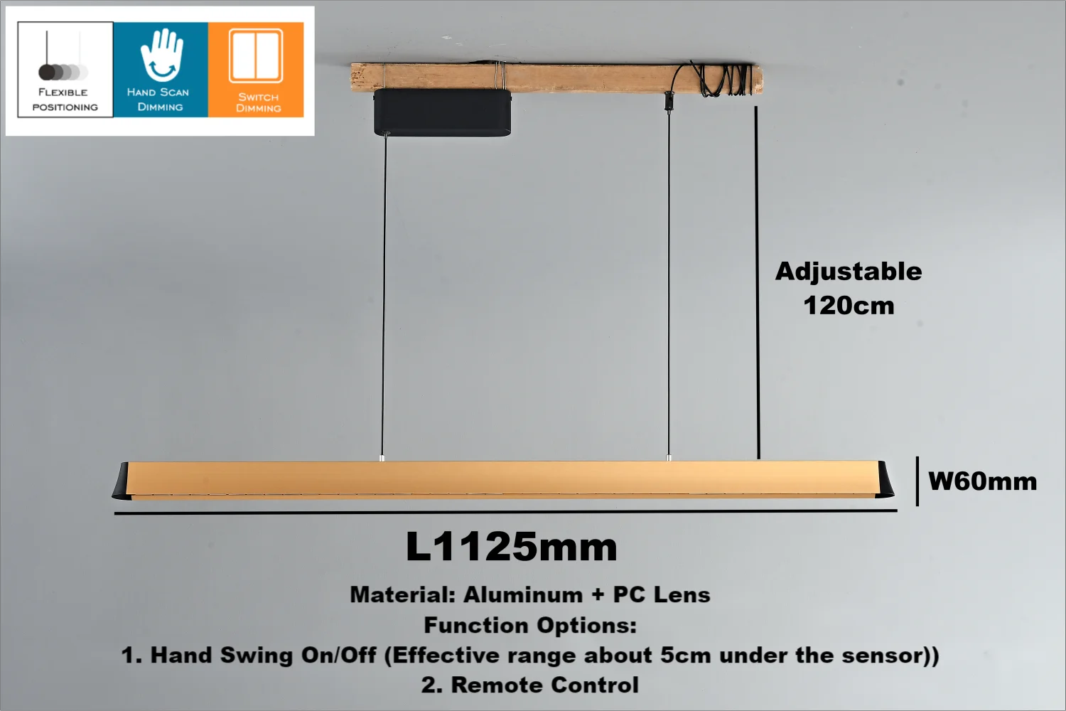 1.2M Modern LED Pendant Lamp Minimalist Aluminum Long Strip Hanging Pendant Lamp with hand sensor brightness adjustable bar