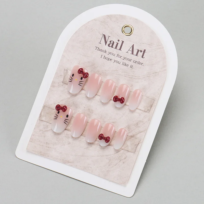 Lindo lazo rojo corto ovalado prensa 30 Uds en la uña con gato de dibujos animados uñas postizas francesas brillantes para niñas herramientas de uñas Ins usables