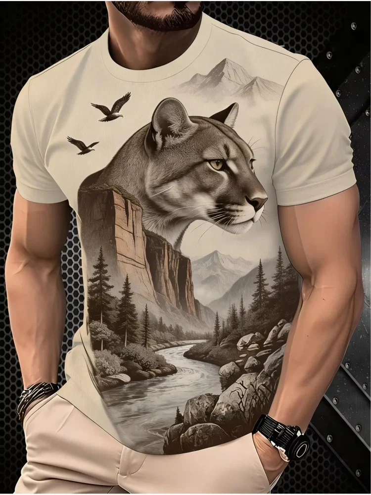 Men's Vintage Mountain Lion Canyon Eagle Landscape Print T-Shirt Wild Cougar Nature Scenery Graphic Crew Neck Short Sleeve Tee