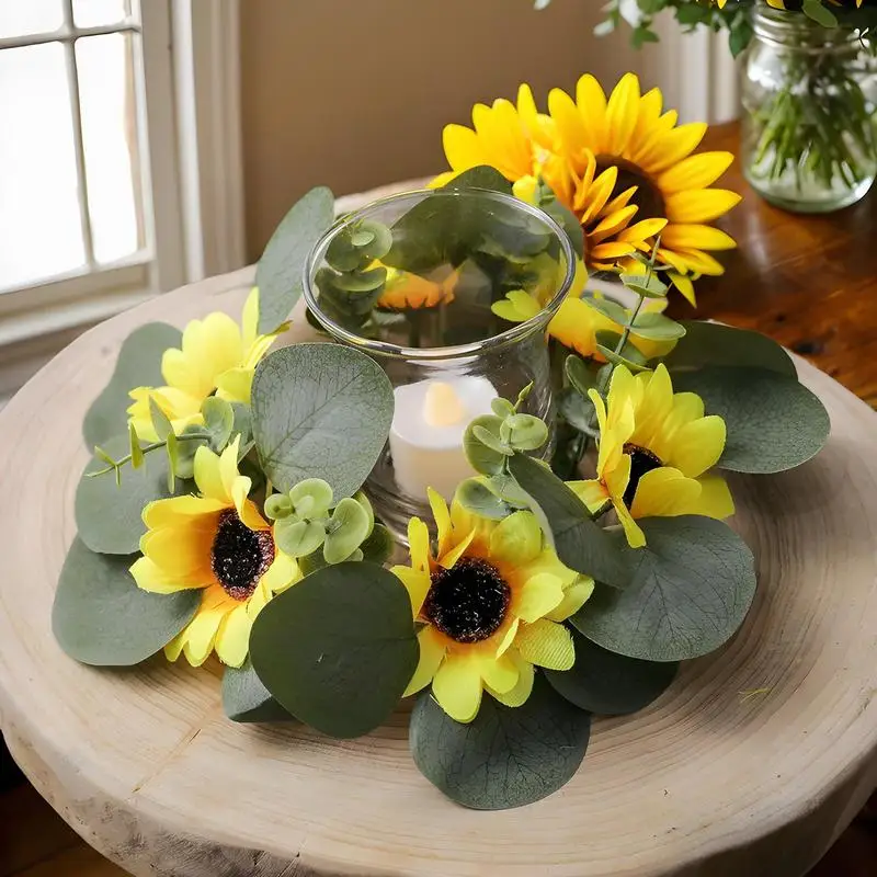 Sunflower Flower Rings For Pillar Candles 9Inch Faux Kitchen Cabinet Wreaths Small Boho Wreath Pillar Candle Holder Sunflower