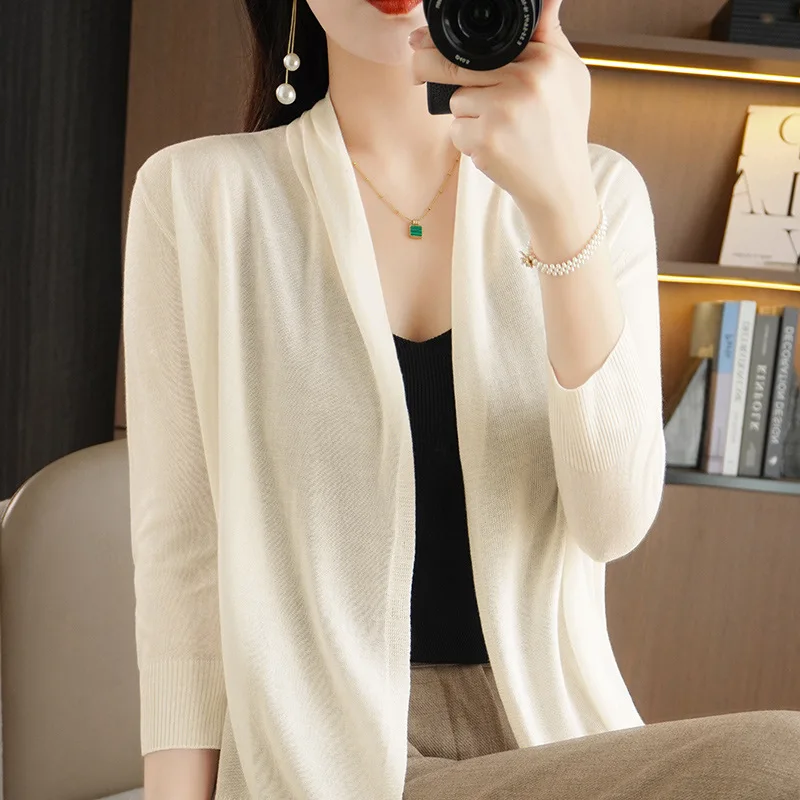 Summer Tencel V-neck Knitted Cardigan Coat Women's Thin Simple Loose Split Sleeve Sun Protection Air Conditioning Shirt Sun Prot