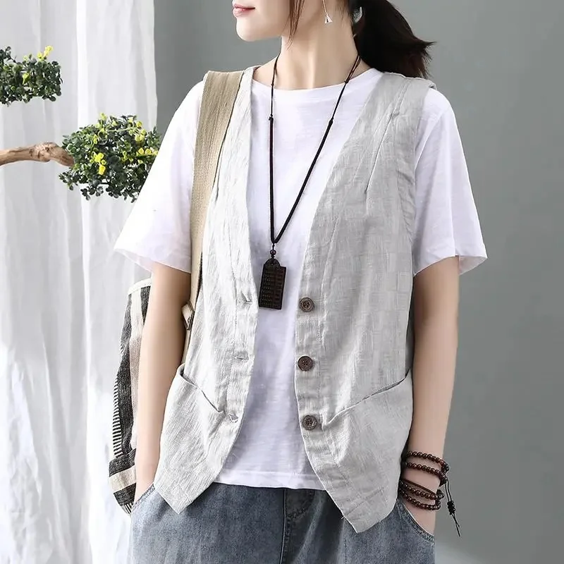 

Retro Style Female Sleeveless Camisole Jacket 2024 Women Loose Cardigan Vest Coat Summer Ladies Leisure Short Waistcoat Outwear