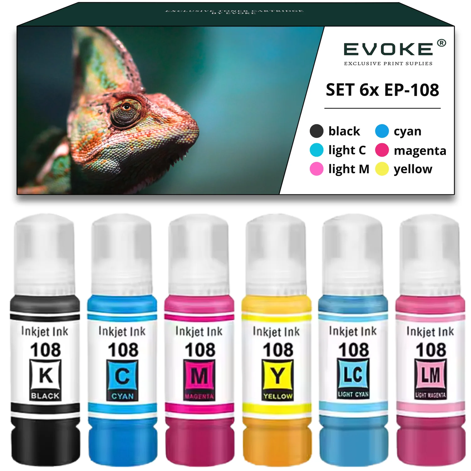Evoke Compatibele Inkt voor Epson 108 6X Foto: Zwart, Cyaan, Magenta, Geel, Lichtcyaan, Lichtmagenta 420 ml 39600 Pagina's Ecotank L8050 L18050