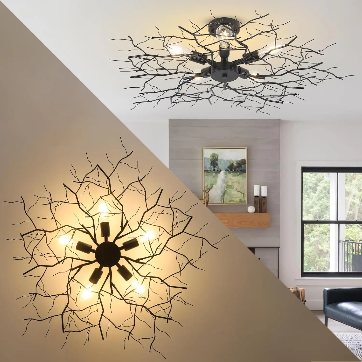 Hmvpl Large Semi Flush Mount Ceiling Light Fixture, Black Modern Chandelier With Branch Shapes, 5-Lights Industrial Close To