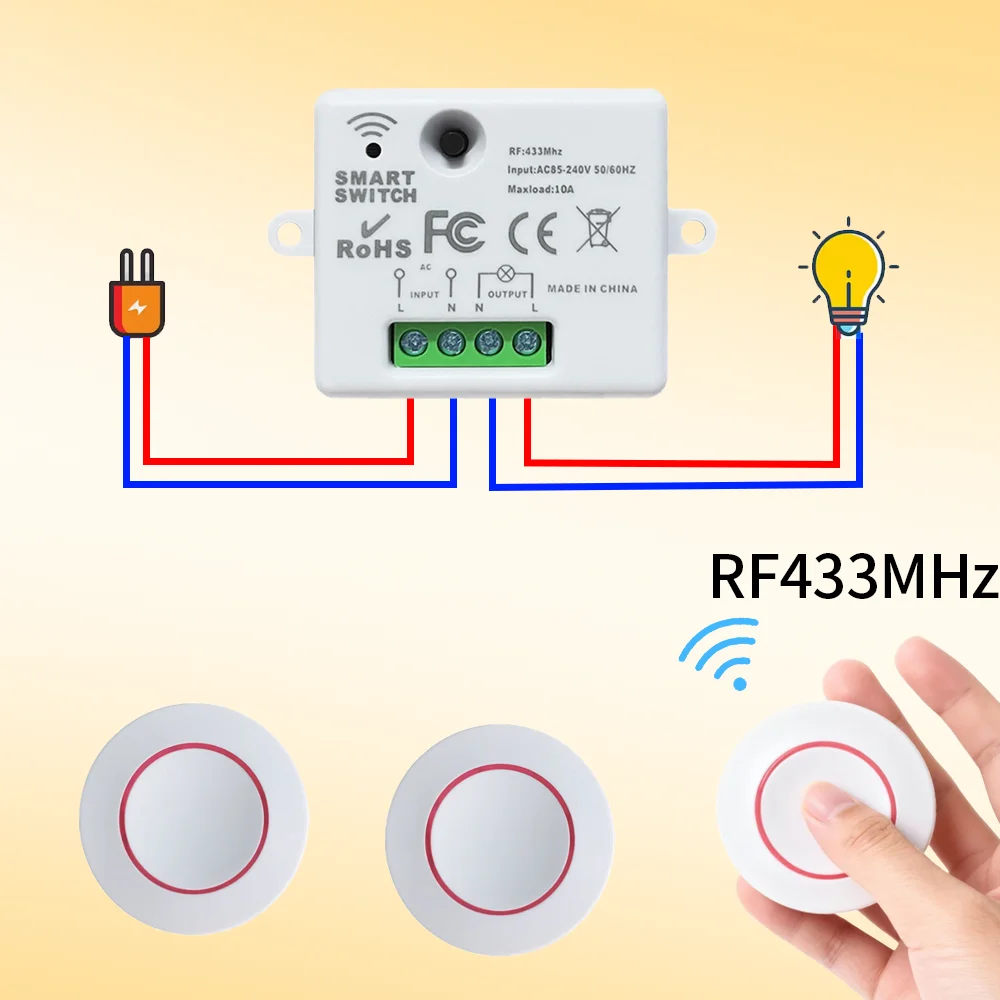 RF 433MHz Wireless Light Switch 220V 110V 10A  Relay Controller Receiver Mini Round Button For LED Lamp