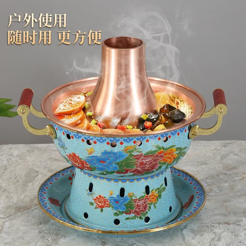 Vintage Copper Hot Pot with Alcohol Stove Enamel Coating Single Serve Stew Pot for Outdoor Camping Portable Eco Friendly