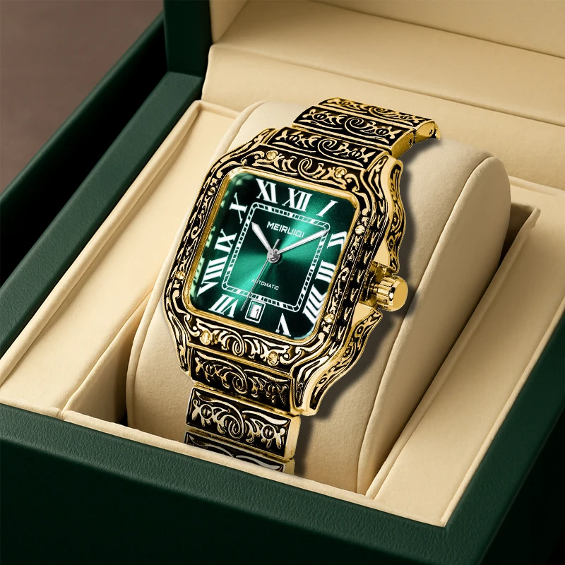 

Мужские желто-зеленые автоматические механические часы премиум-класса в деловом стиле с гравировкой календаря.