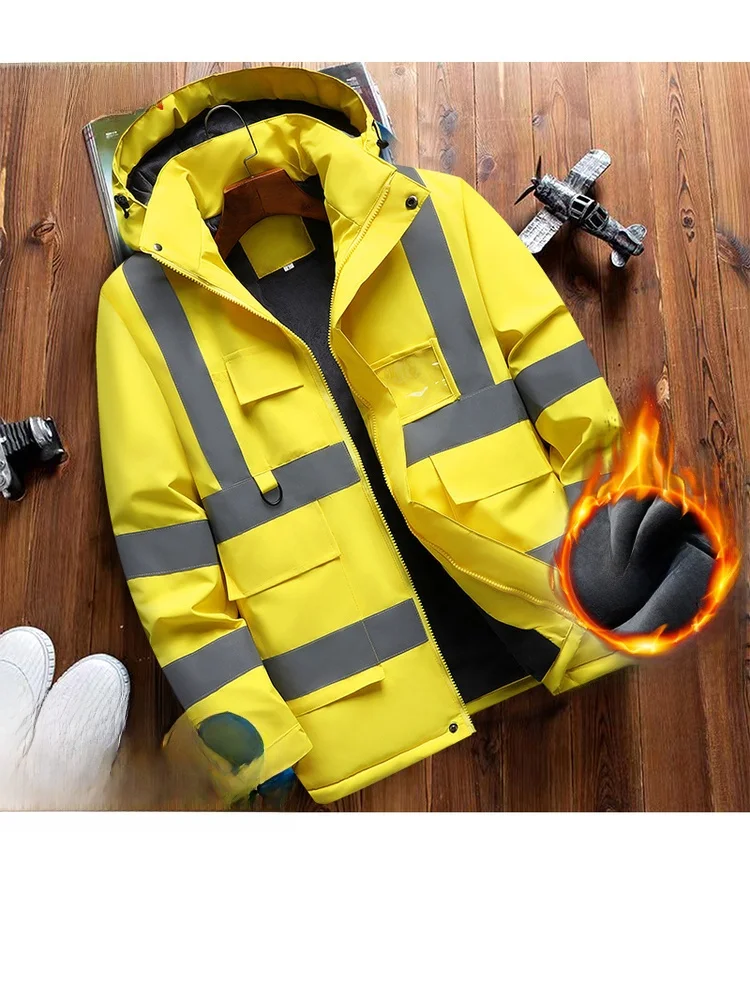 Chaqueta de Trabajo Reflectante para Hombre, de Algodón, con Capucha Desmontable, Abrigo de Pesca, Cálido, Talla Grande, Ropa...