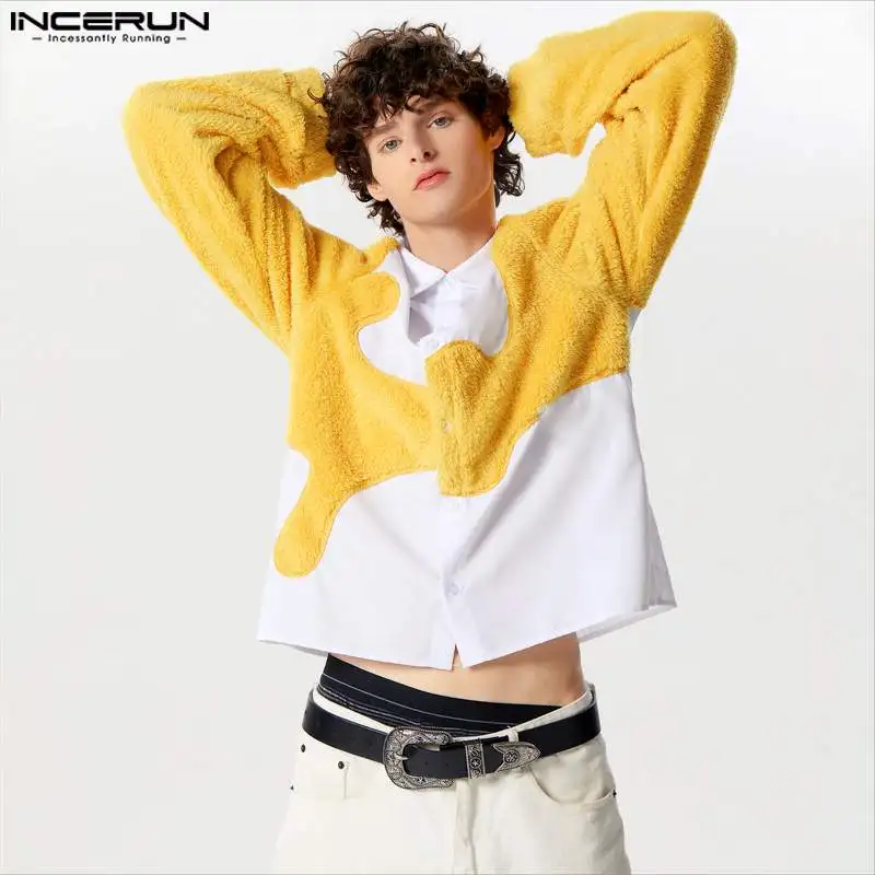 2024 Men Shirt Plush Patchwork Lapel Long Sleeve Button Casual Men Clothing Streetwear Fashion Leisure Camisas S-5XL INCERUN