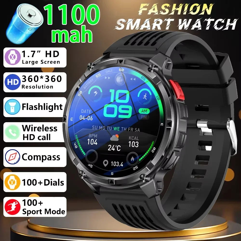 

Новые аккумуляторы 1100 мАч, спортивные умные часы для мужчин, фонарик с сообщением, пульсометр, IP68, водонепроницаемые, BT, компас, умные часы