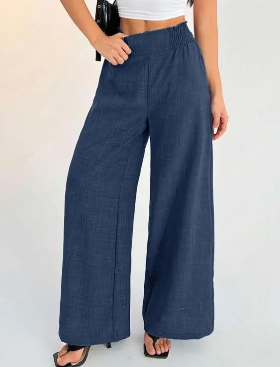 

Summer New Solid Color Simple Fashion Casual Versatile High Waist Hugging Waist Design Crape Fabric Loose Wide Leg Pants