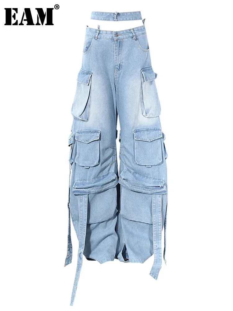 [EAM] High Waist Light Blue Denim Hollow Out Casual Wide Leg Jeans New Women Trousers Fashion Tide Spring Autumn 2024 7AB3755