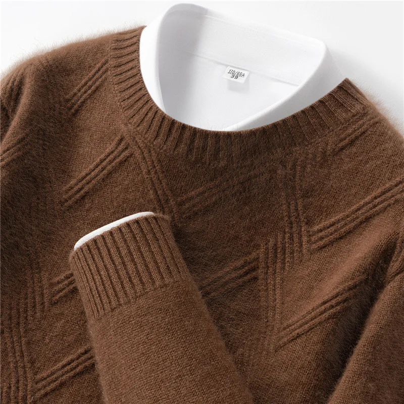 100% pulôver de caxemira pura masculino casual cor sólida camisola de malha geométrica solta em torno do pescoço topos grosso e quente jumper