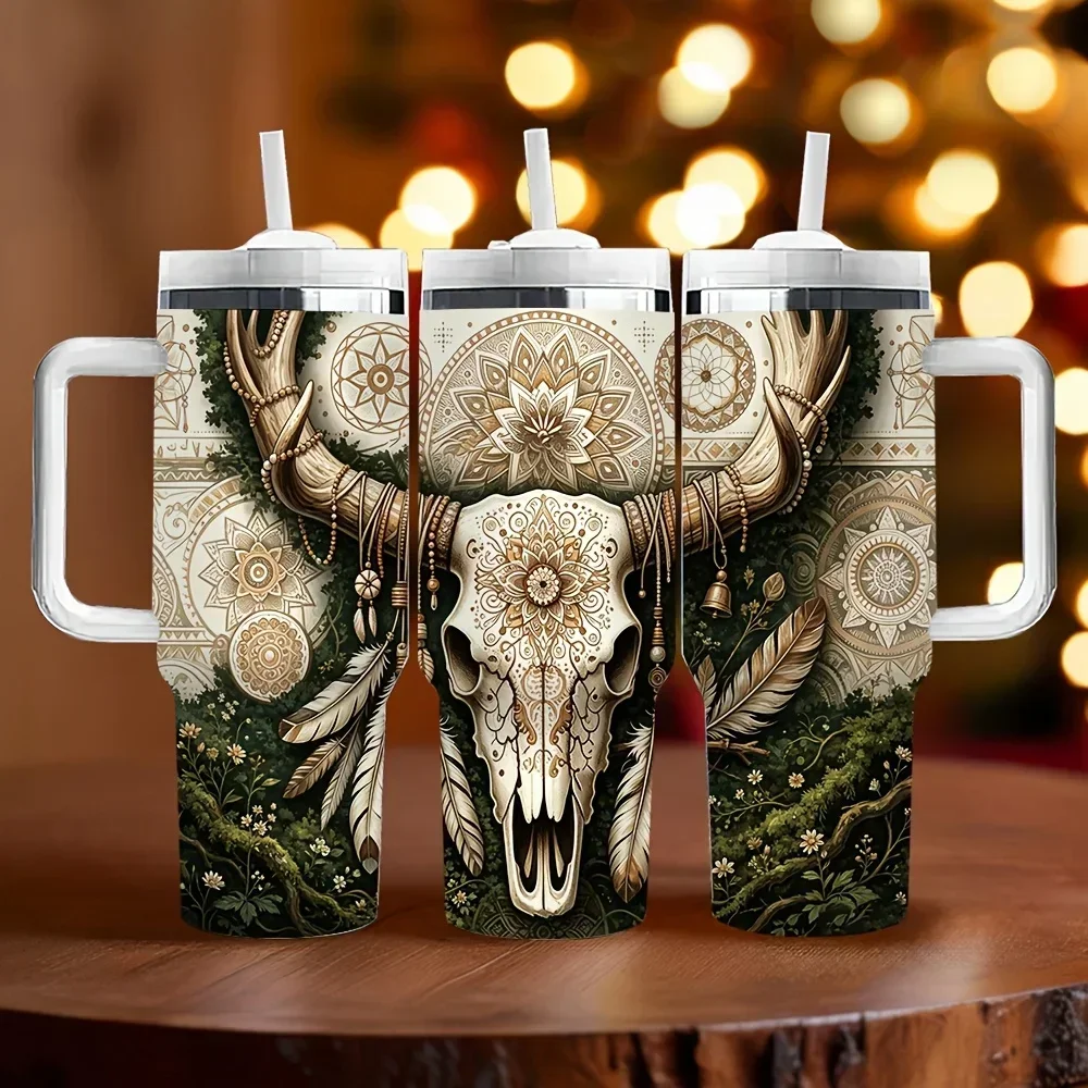 40oz Long Lasting Insulated Tumbler with Handle, Boho Style Cow Skull Print, Perfect As Holiday And Birthday Gift, Suitable for Daily Use, Outdoor Travel And Camping Activities