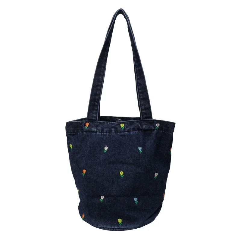 Bolsas jeans sólidas para costura feminina, bolsas de ombro versáteis, estilo básico, bordado, conciso, casual, elegante, 2024