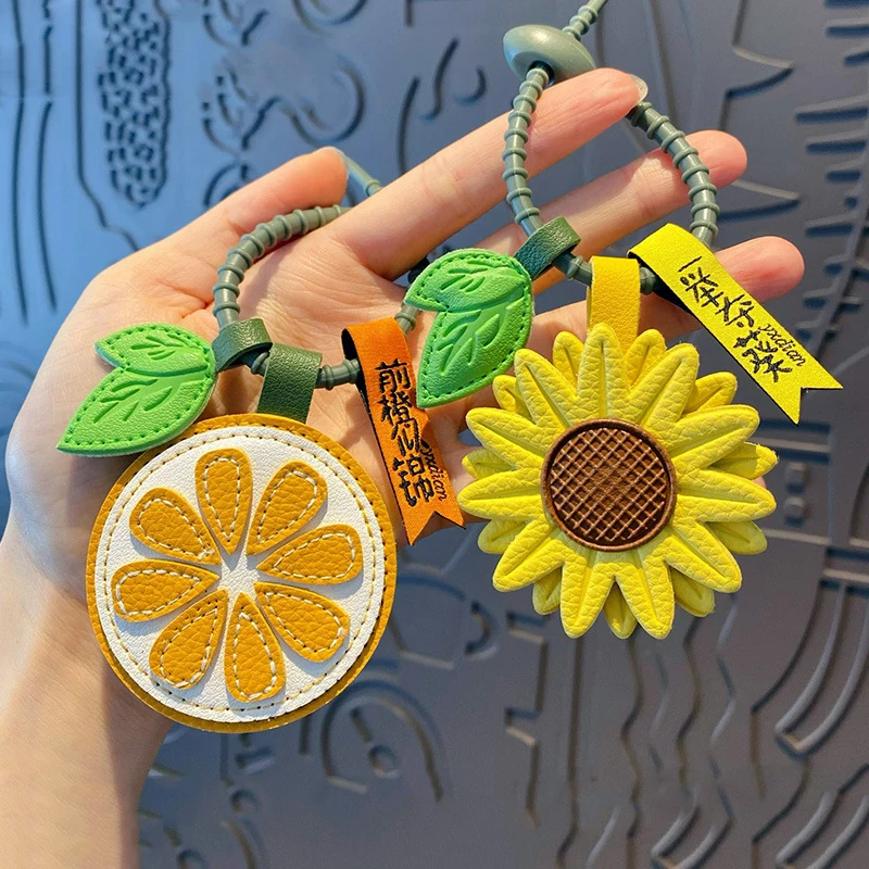 High-grade Leather Green Leaf Orange Bless Bright Future Key Chain Sunflower Good Thing Happened Peanut Persimmon Fruit Keychain