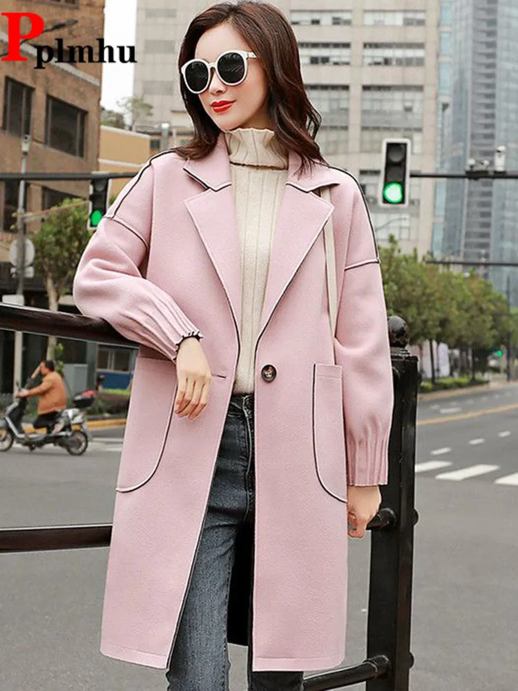 

Women's Casual Woolen Overcoat Mid-long Fashion Slim Fit Elegant Casaco Turn-down Collar Korean One Button Abrigos Outerwear